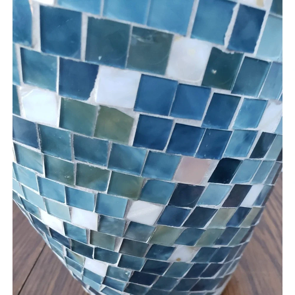 Mosaic 12 Inch Tall Blue White Tiled Glass Large Vase